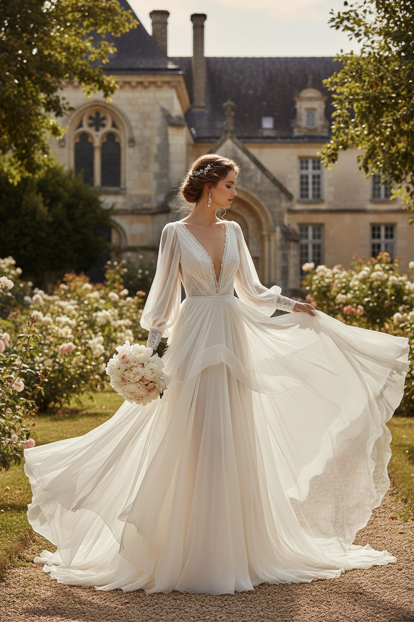 Robe de mariée en mousseline de soie ivoire avec traîne — Ivory silk chiffon bridal wedding gown with train
