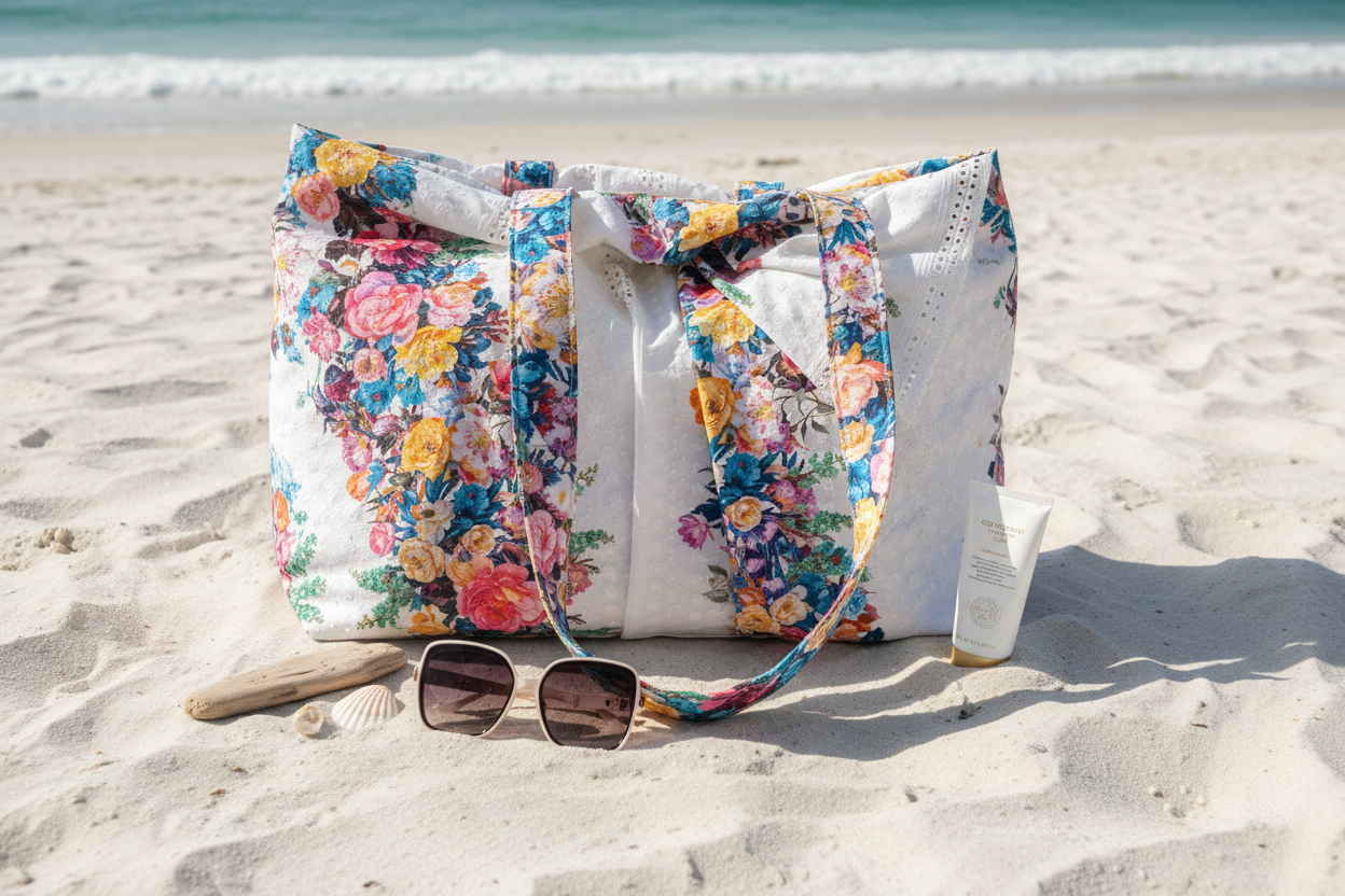 Idée réalisation : sac de plage en broderie anglaise fleurie 100% coton