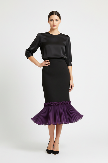 Jupe noire avec bordure ruban mousseline plissé violet 12cm