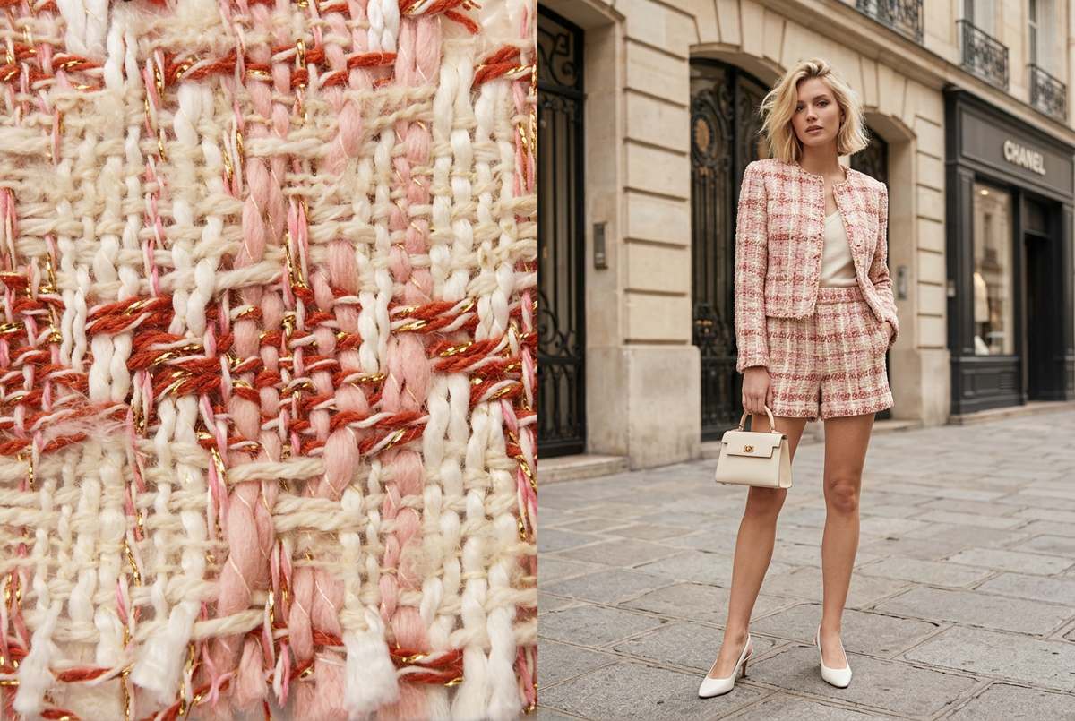 Inspiration IA d’ensemble veste et short en tweed rose. / AI pink tweed jacket and shorts outfit inspiration.