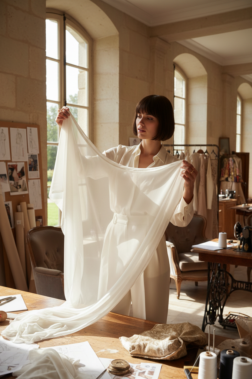 Jeune femme examinant un coupon de mousseline de soie ivoire à la lumière — Woman examining ivory silk chiffon fabric coupon in natural light