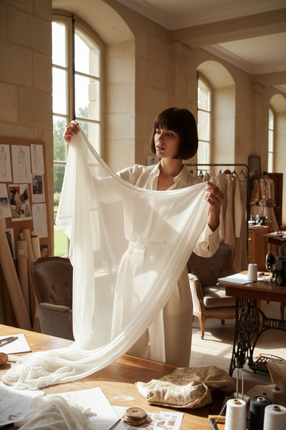 Jeune femme examinant un coupon de mousseline de soie ivoire à la lumière — Woman examining ivory silk chiffon fabric coupon in natural light