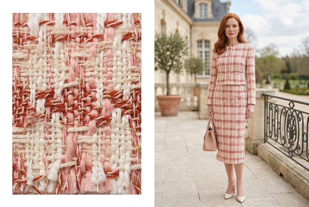 Inspiration IA de tailleur jupe midi en tweed rose. / AI pink tweed midi skirt suit inspiration.