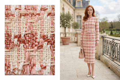 Inspiration IA de tailleur jupe midi en tweed rose. / AI pink tweed midi skirt suit inspiration.