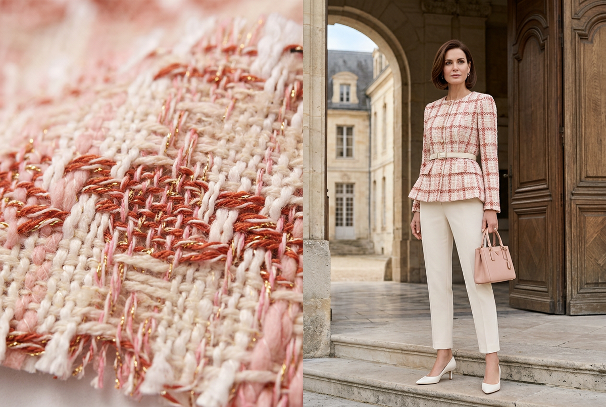 Inspiration IA de veste ceinturée en tweed rose. / AI belted pink tweed jacket inspiration.