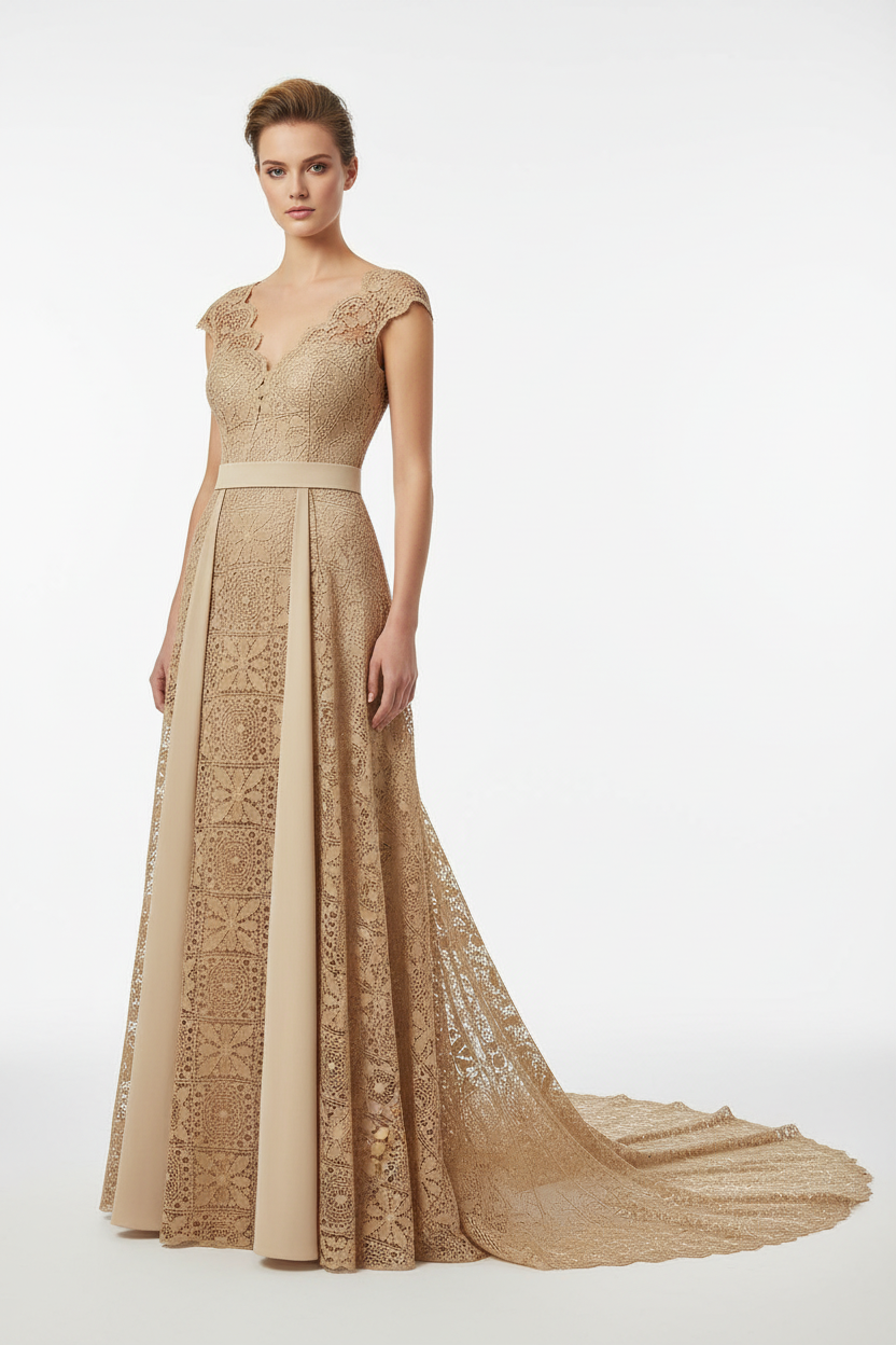 Robe en dentelle beige lycra - élégance raffinée