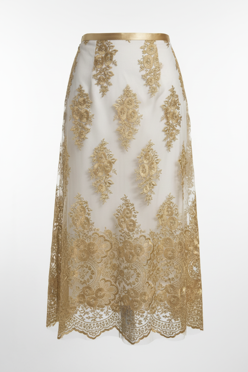 Jupe élégante en dentelle brodée dorée or - motifs filigrane luxueux