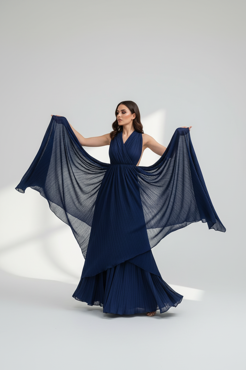 Femme drapant le tissu plissé coton marine