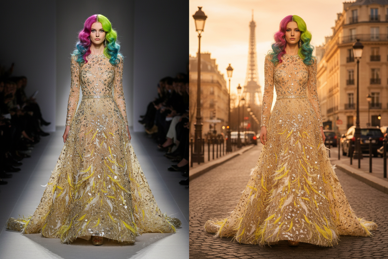 Mannequin cheveux colorés robe perlage doré et plumes jaunes éparpillées – défilé et ville Paris