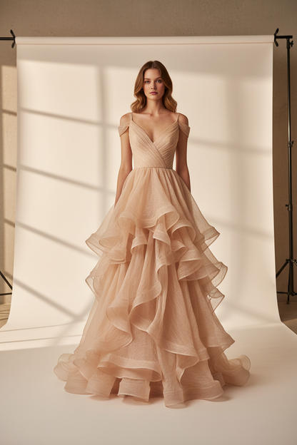 Robe de soirée élégante en organza de soie froissé saumon