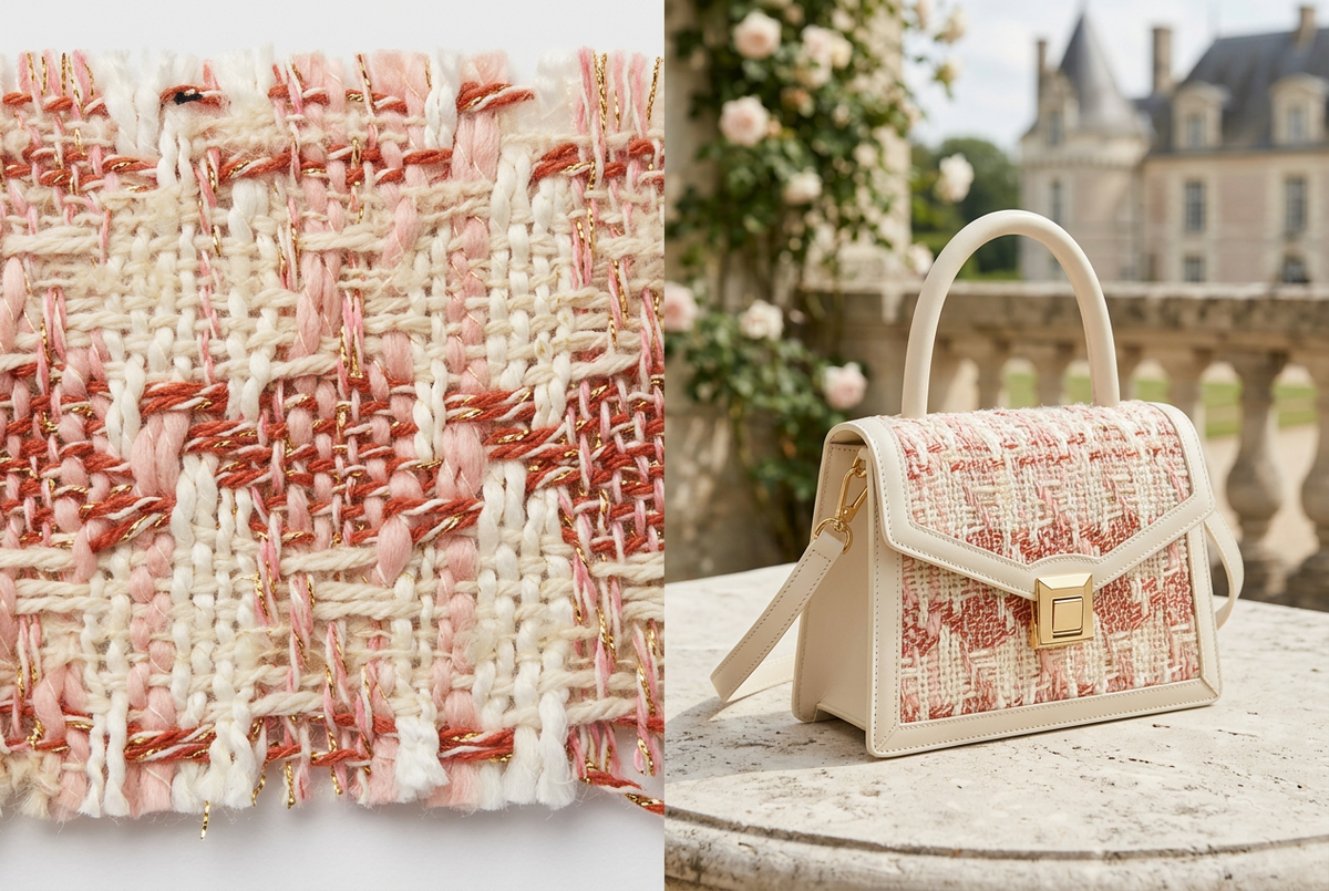 Inspiration IA de sac à main en tweed rose avec le tissu à côté. / AI pink tweed handbag inspiration beside the fabric.