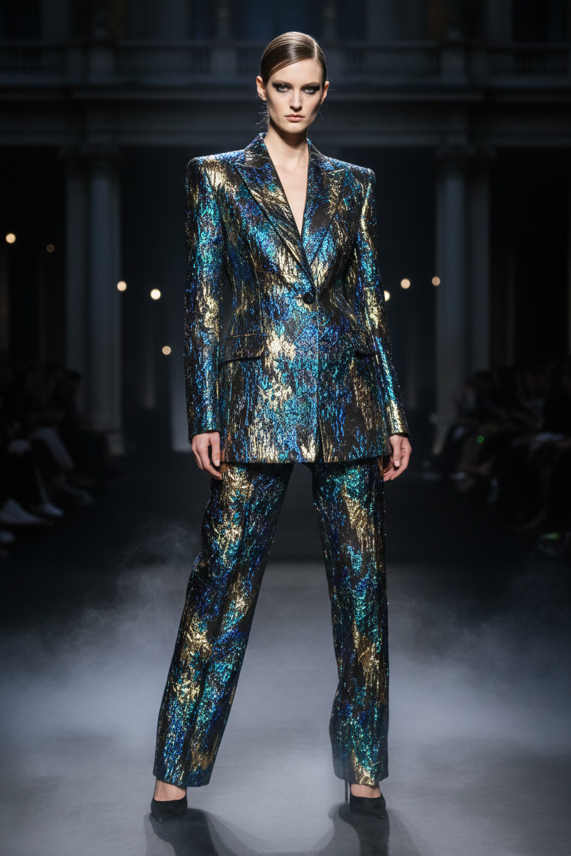 Modèle portant un blazer en brocart iridescent organza noir bleu canard et or