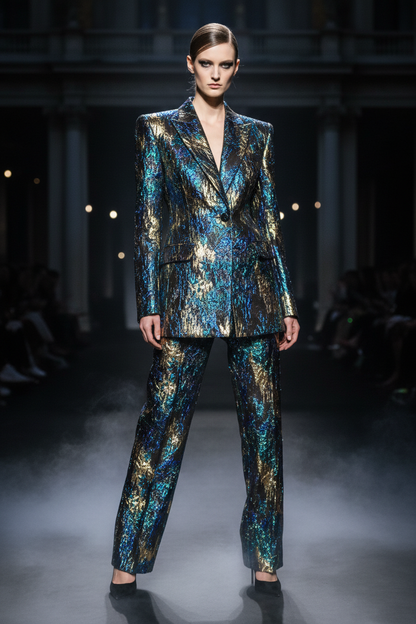 Modèle portant un blazer en brocart iridescent organza noir bleu canard et or