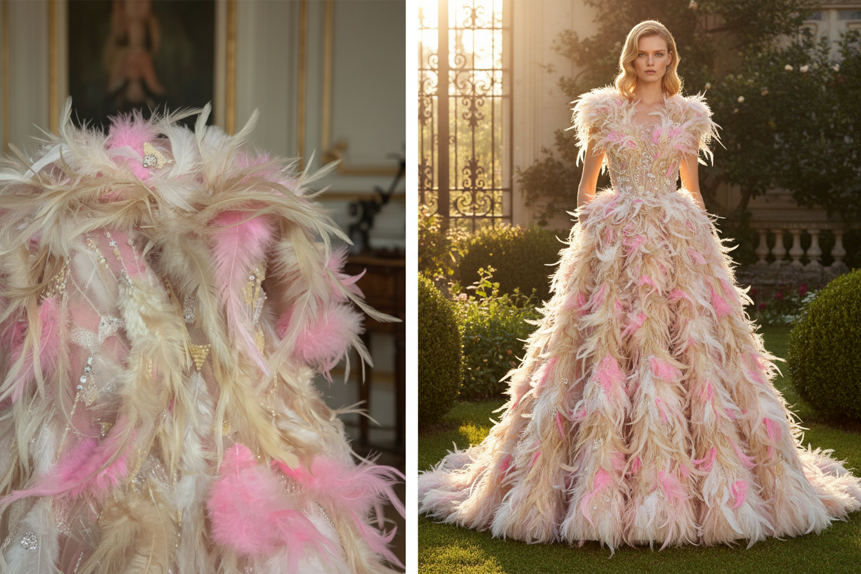 Tissu haute couture plumes roses et perlage doré – composition éditoriale tissu et robe