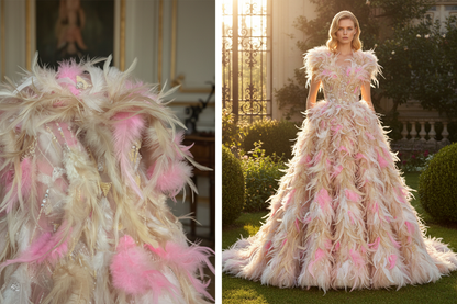 Tissu haute couture plumes roses et perlage doré – composition éditoriale tissu et robe