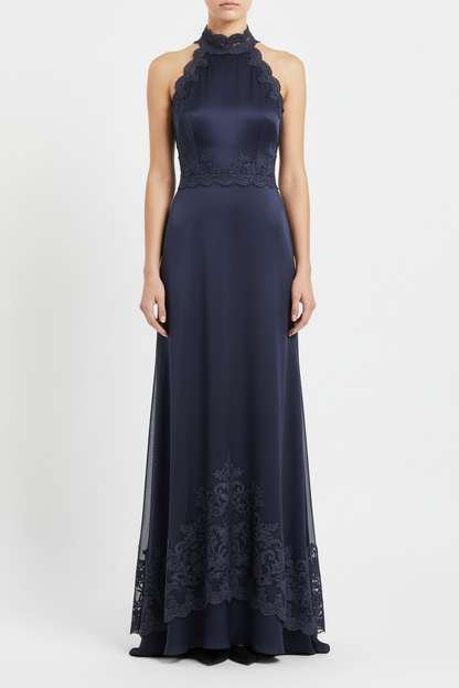 Robe avec dentelle brodée bleu marine sur tulle 7cm - finition haute couture