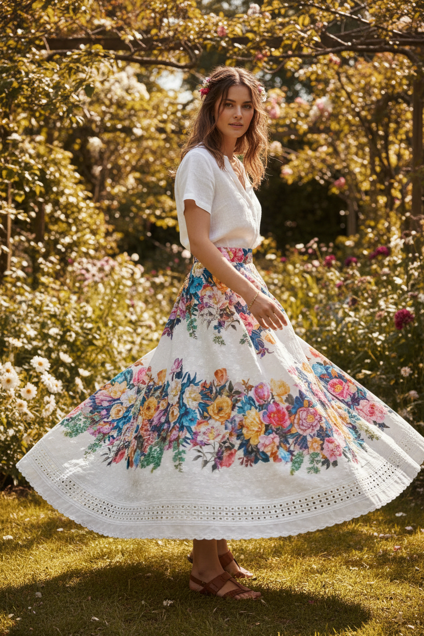 Idée réalisation : jupe longue en broderie anglaise fleurie 100% coton – style bohème chic