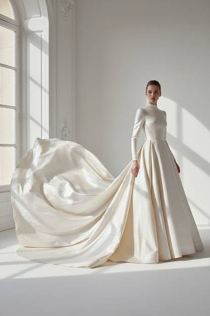Robe de mariée longue en twill de soie ivoire haute couture – tissu luxe au mètre