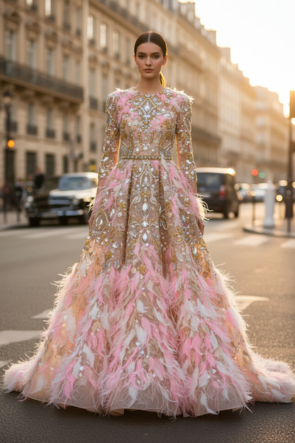 Mannequin brune en robe haute couture perlage doré et plumes roses éparpillées – ville Paris