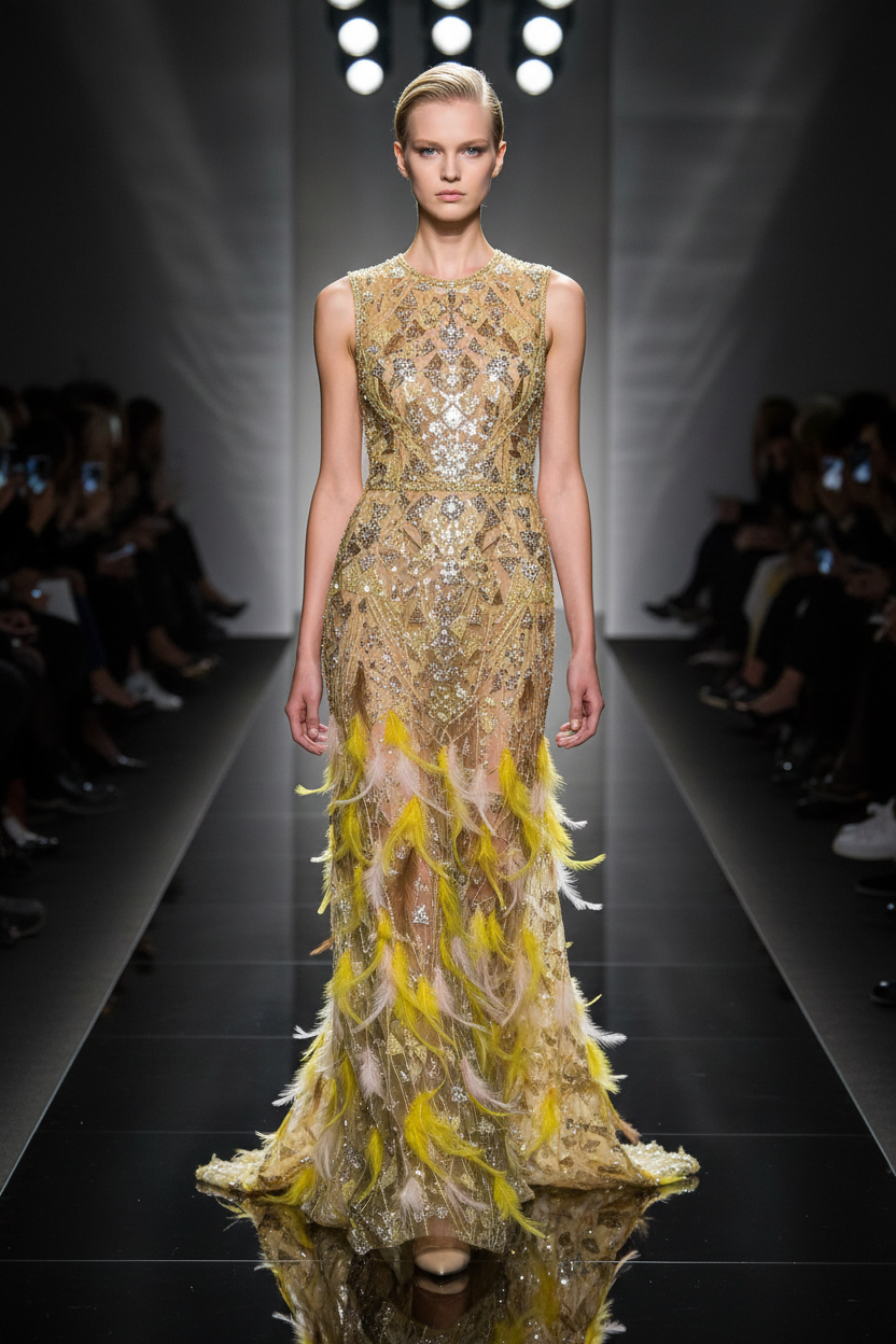 Mannequin blonde en robe haute couture perlage doré et plumes jaunes éparpillées – défilé Paris