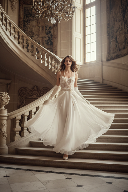 Jupe évasée en mousseline de soie ivoire, tissu léger et fluide — Ivory silk chiffon flared skirt, lightweight fabric
