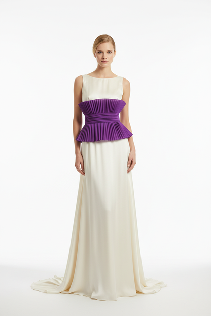 Robe avec ceinture ruban mousseline plissé violet 12cm à la taille