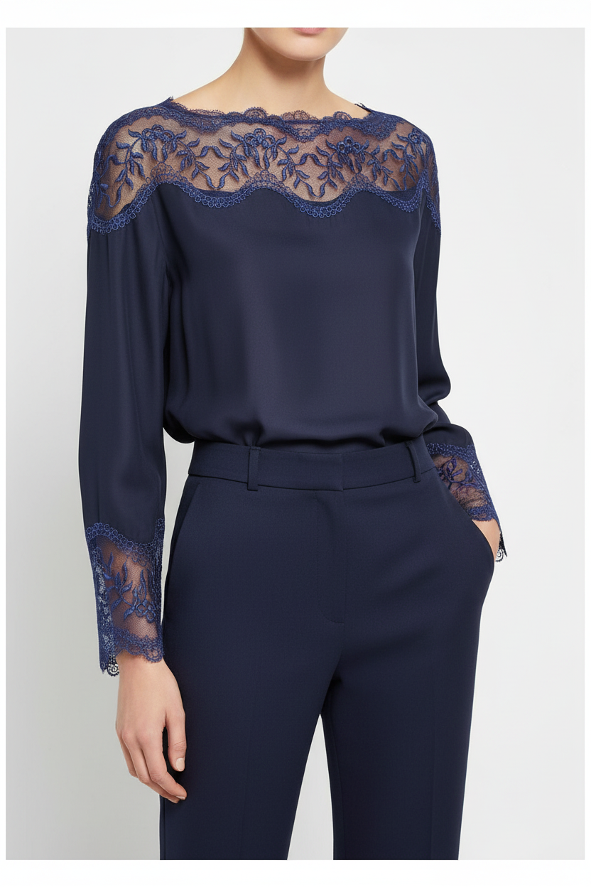 Top avec dentelle brodée indigo sur tulle 16cm - galon élégant