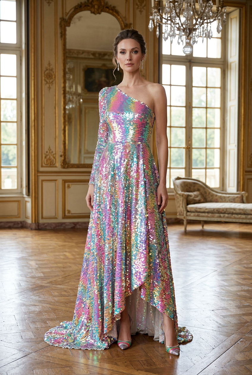 Inspiration IA : robe de soirée en sequins multicolores irisés, tissu vendu au mètre. / AI styling inspiration: iridescent multicolour sequin evening gown, fabric sold by the metre.