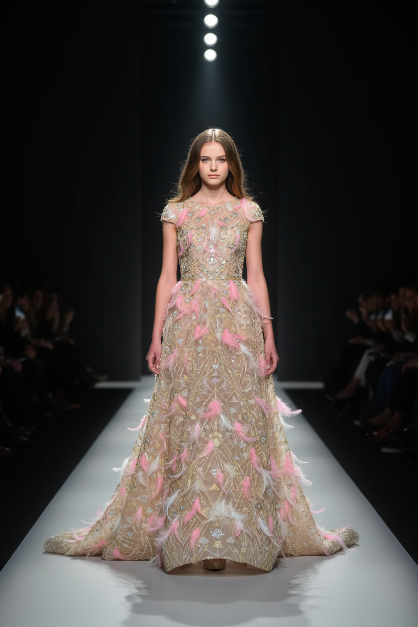 Jeune mannequin en robe haute couture perlage doré et plumes roses éparpillées – défilé Paris