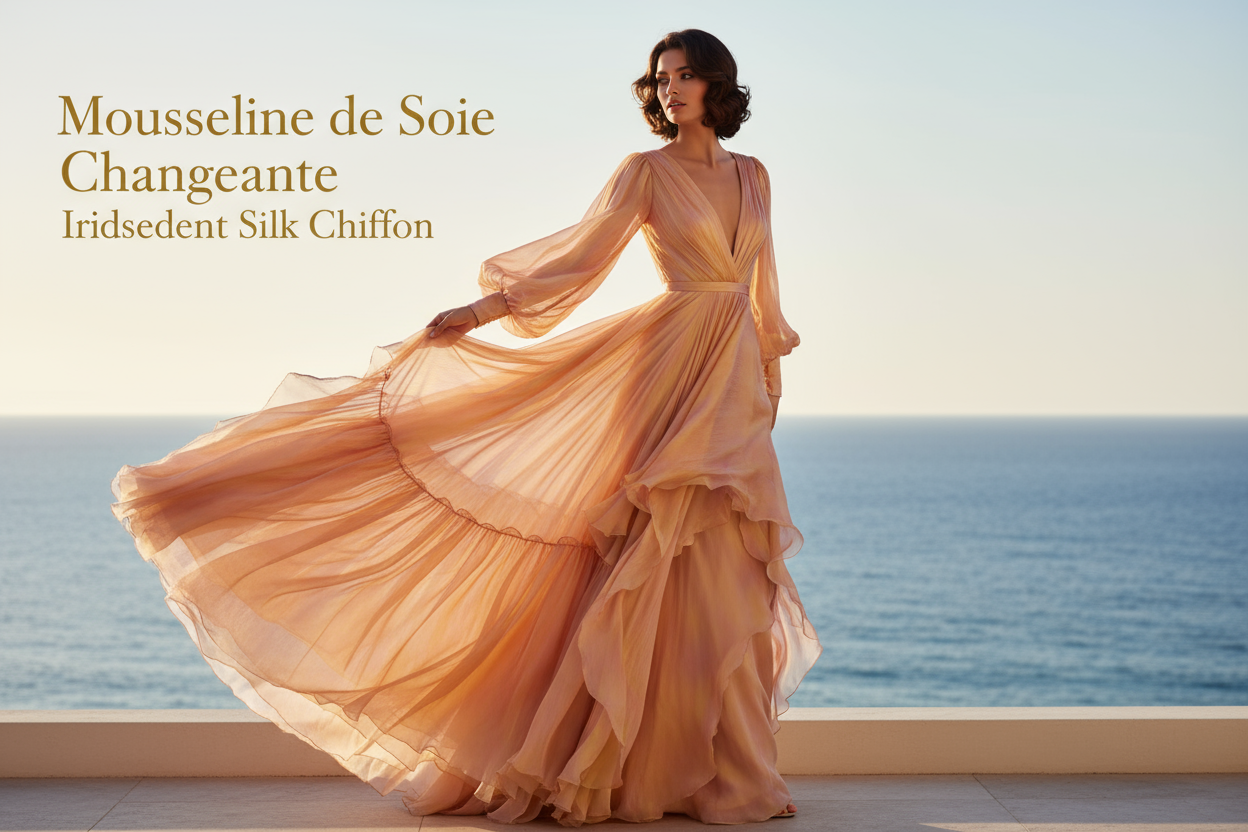 Mousseline de Soie Changeante Pêche et Jaune 145 cm - Haute Couture