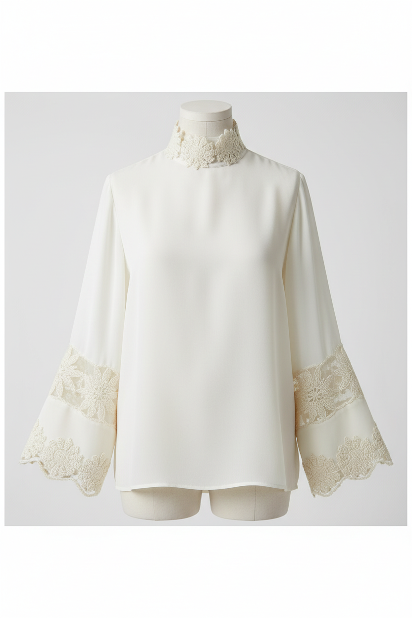 Top avec dentelle brodée écru fleurs sur tulle 8cm - galon délicat