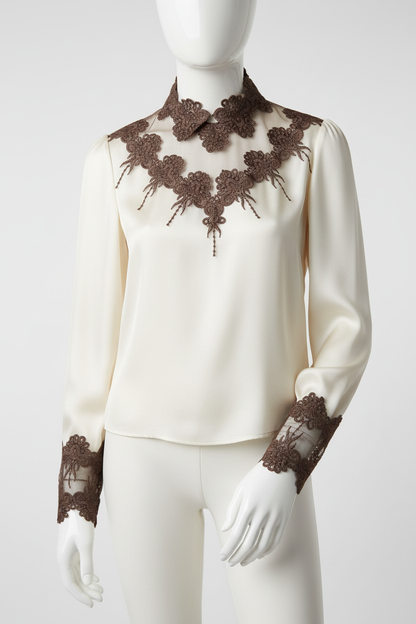 Top avec dentelle brodée marron sur tulle 16cm - galon élégant