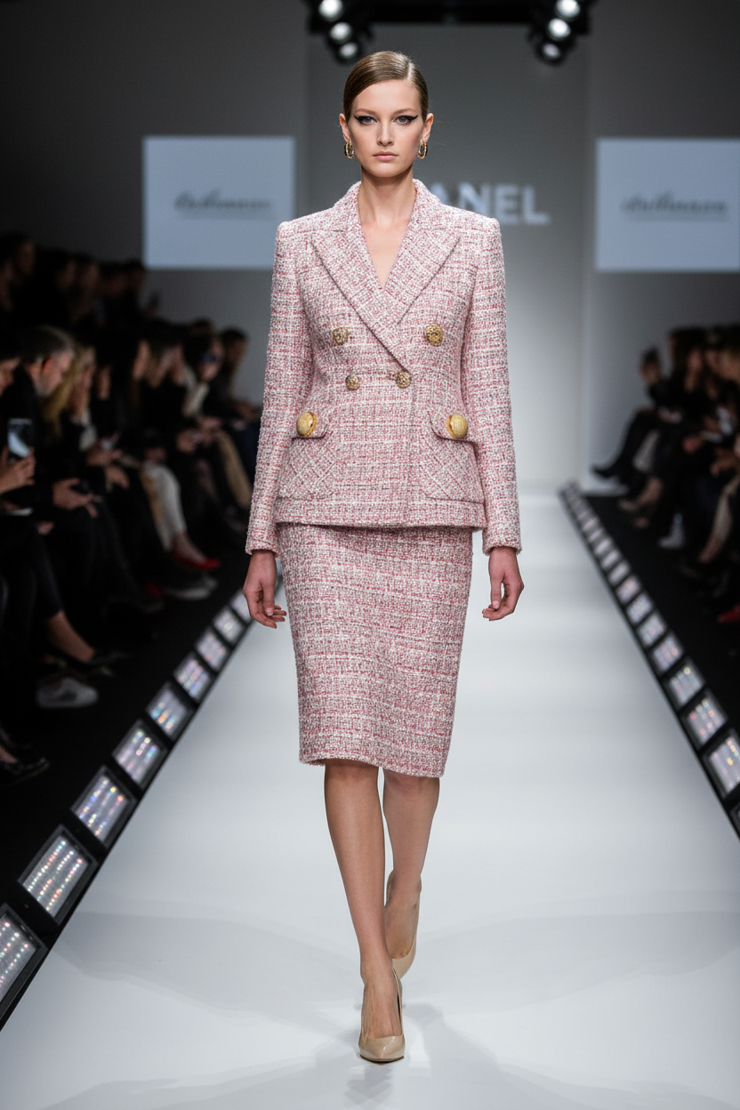 Bouton haute couture marbré or – tailleur tweed rose défilé Paris Fashion Week