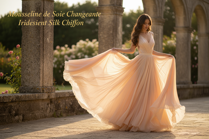 Mousseline de Soie Changeante Pêche et Jaune 145 cm - Haute Couture