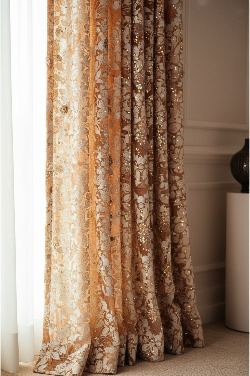 Rideaux en brocart perlé cuivré et or – drapé luxueux avec reflets perles et sequins
