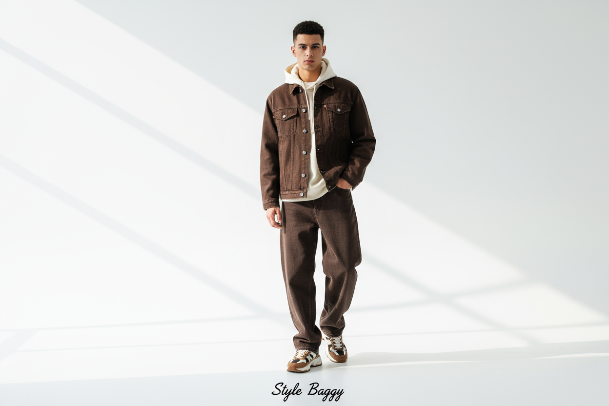 Style Baggy - Pantalon ample en jean marron foncé