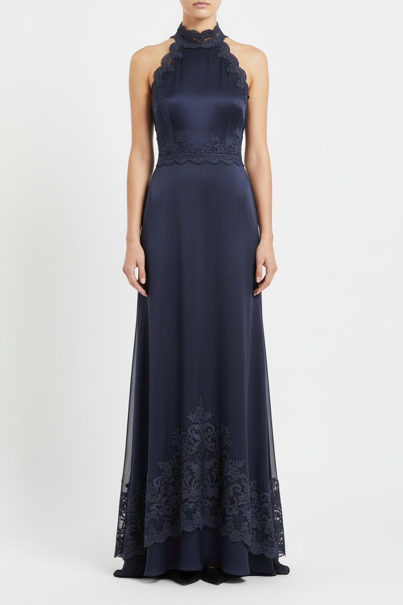 Robe avec dentelle brodée bleu marine sur tulle 7cm - finition haute couture