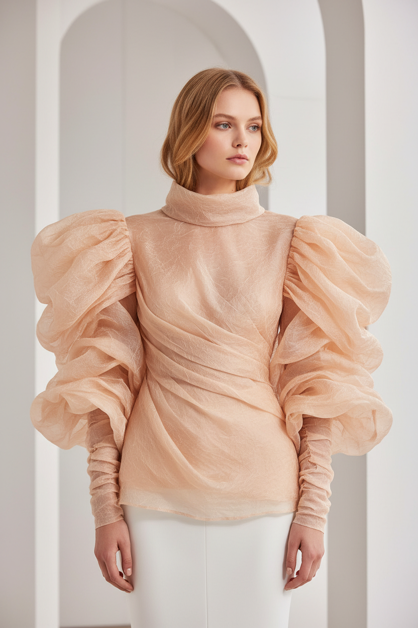 Chemisier haute couture à manches bouffantes en organza de soie froissé saumon