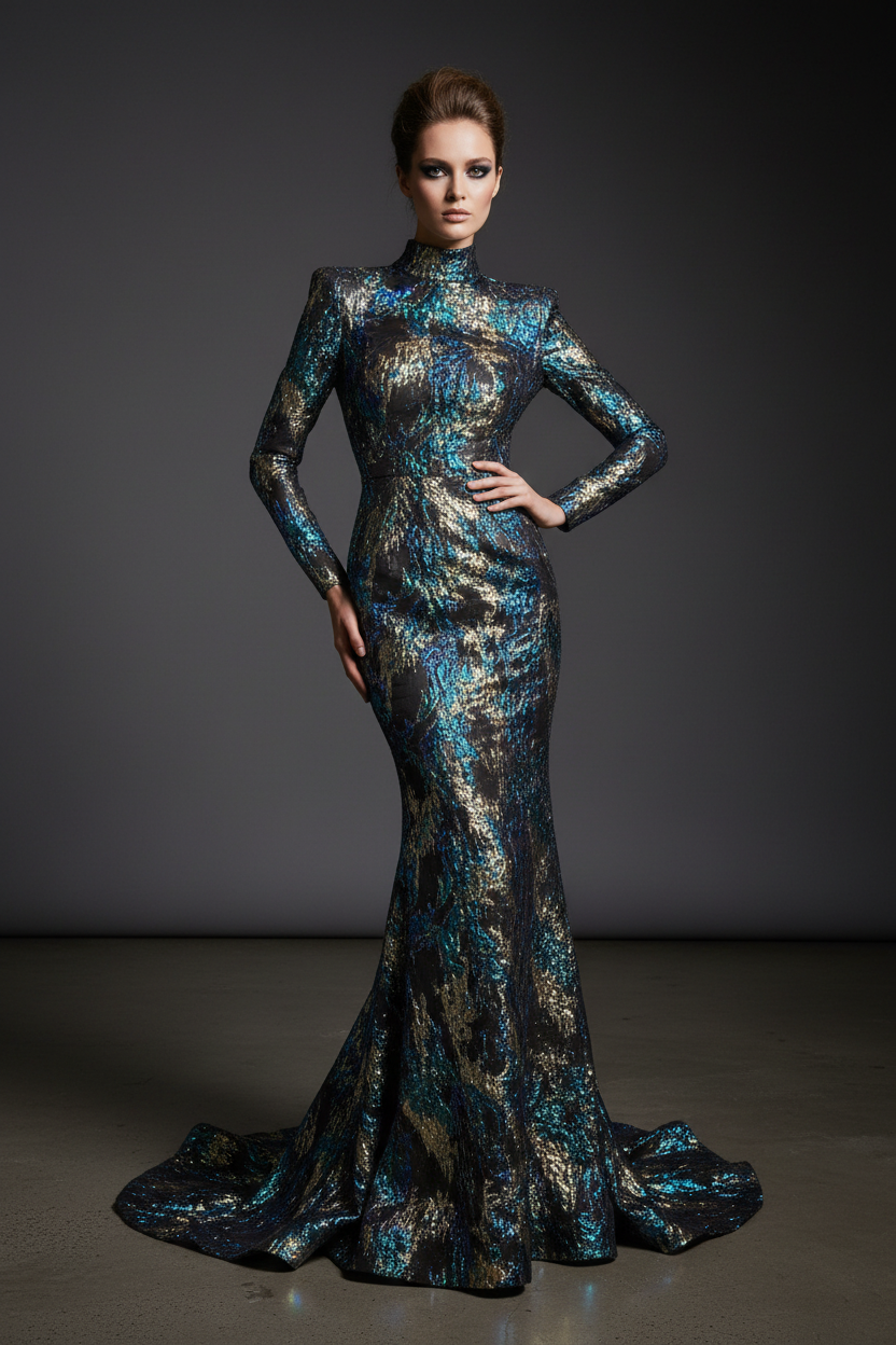 Modèle portant une robe de soirée en brocart iridescent organza noir bleu canard et or