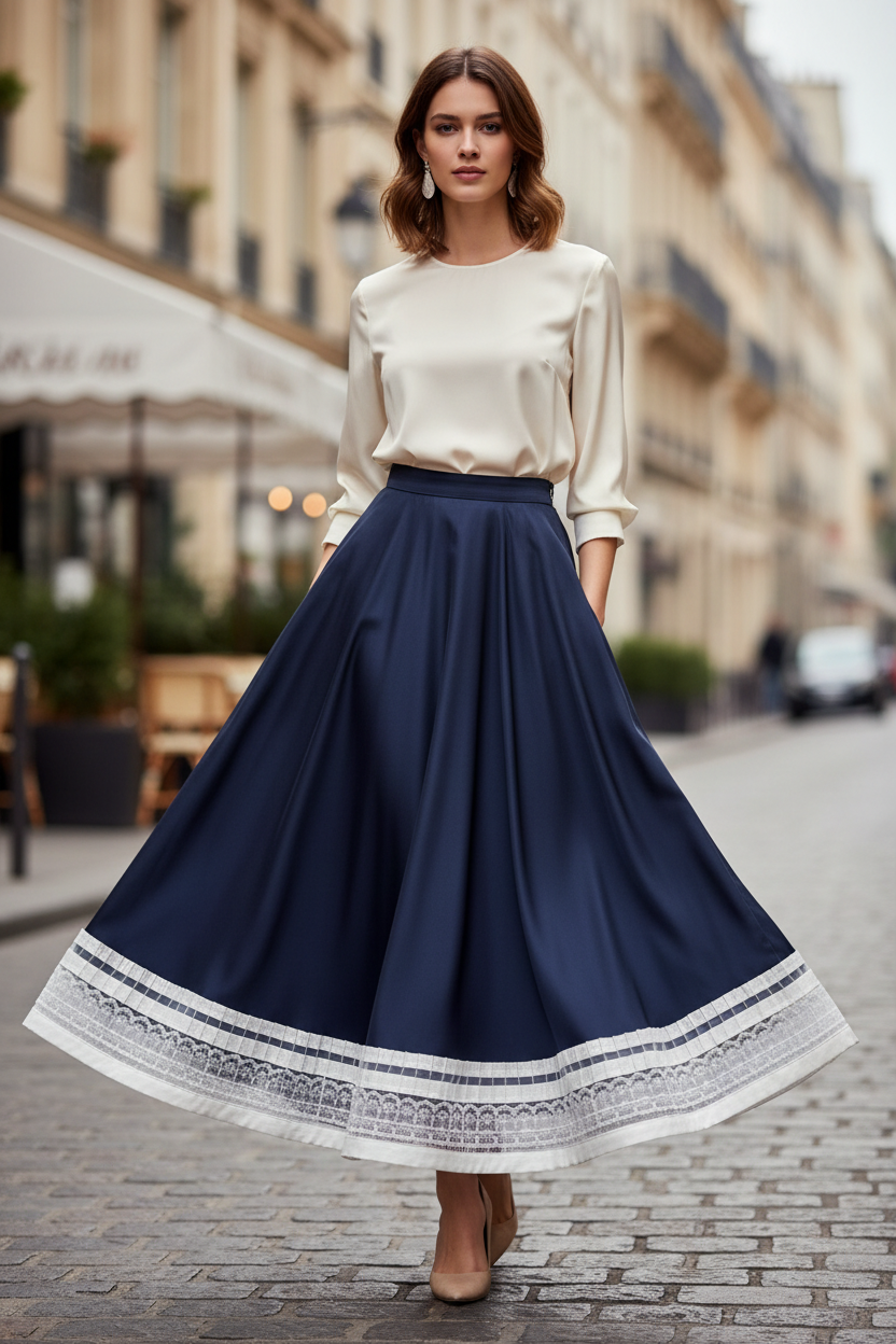 Jupe évasée avec bande plissée organza blanc 6 cm en bordure — Flared skirt with 6 cm white pleated organza trim hem