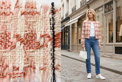 Inspiration IA de blouson en tweed rose avec un jean. / AI pink tweed bomber jacket with jeans inspiration.
