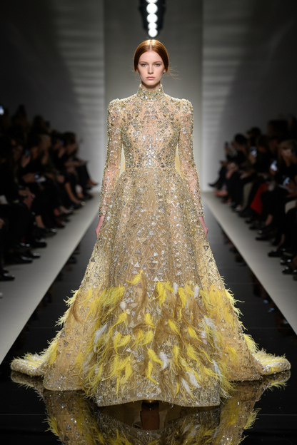 Mannequin rousse en robe haute couture perlage strass et plumes jaunes éparpillées – défilé