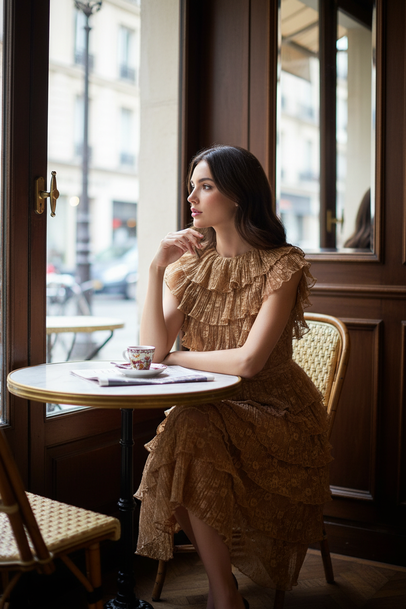 Mannequin brune dans un café portant dentelle plissée nude