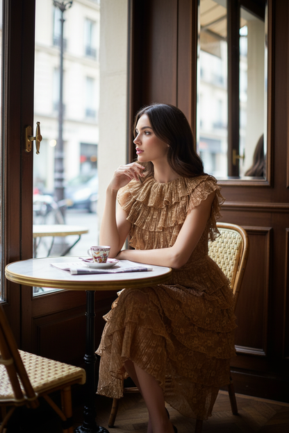 Mannequin brune dans un café portant dentelle plissée nude