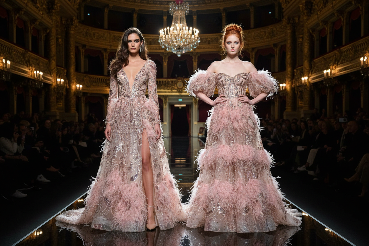 Deux mannequins en robes haute couture plumes rosées et perlage doré – défilé Paris
