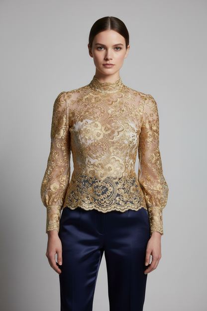 Top dentelle brodée dorée or - fils dorés scintillants haute couture