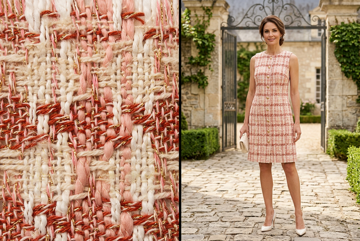 Inspiration IA de robe en tweed rose, tissu à côté. / AI pink tweed dress inspiration beside the fabric.