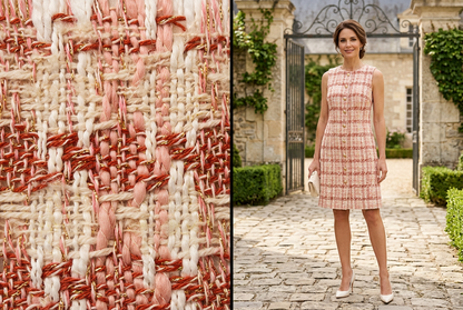 Inspiration IA de robe en tweed rose, tissu à côté. / AI pink tweed dress inspiration beside the fabric.