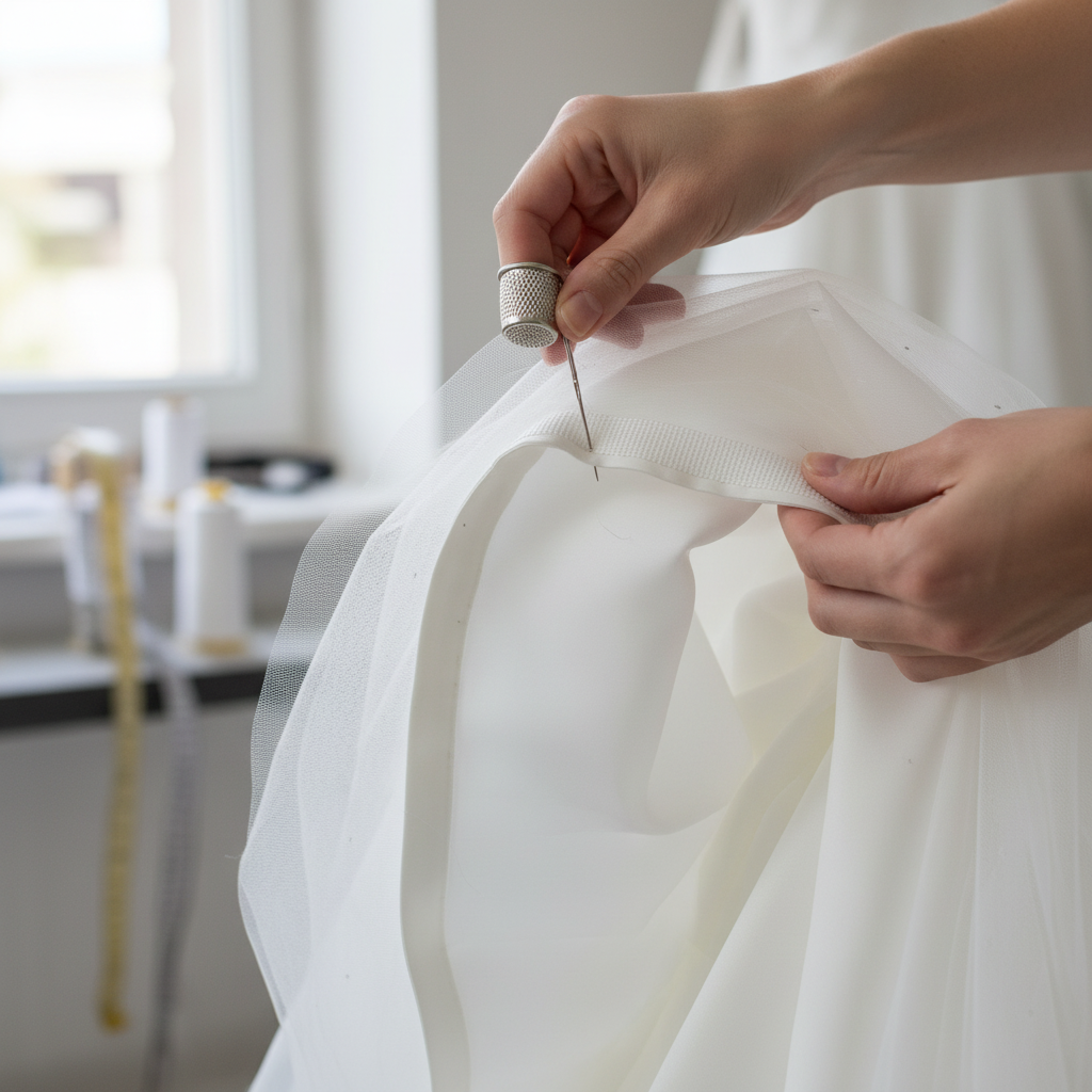 Technique couture crin dans ourlet robe mariée