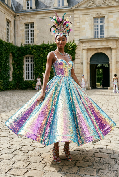Inspiration IA : robe de carnaval en sequins multicolores, tissu vendu au mètre. / AI styling inspiration: multicolour sequin carnival dress, fabric sold by the metre.